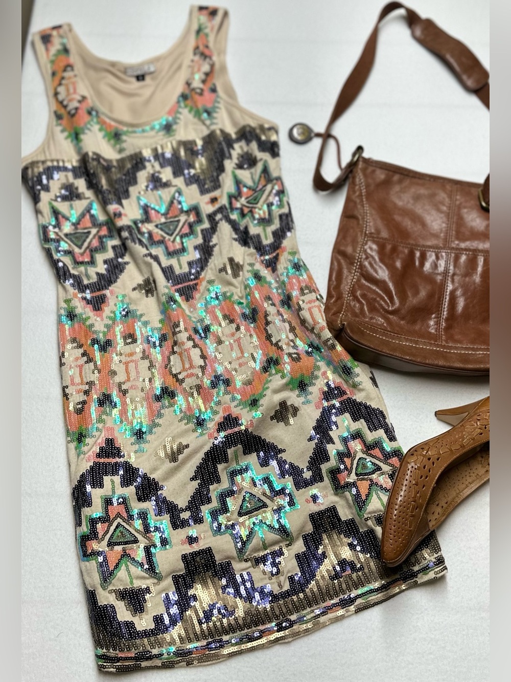 Women’s Small Boho Coastal Cowgirl Full Sequined Tribal-Print Sequin Tank Dress